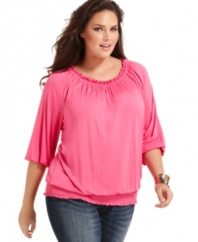INC's three-quarter sleeve plus size peasant top is a must-have for boho-chic style!