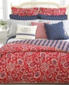 Lauren Ralph Lauren brings coastal countryside charm to your room with this Villa Martine duvet cover, featuring a dramatic red floral motif. Finished with jute trim. Reverses to striped pattern; mother of pearl button closure.