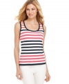 Spring into style this season in this Jones New York Signature tank top, featuring bright stripes. Pair it with the matching cardigan to make a twinset!