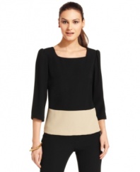 Nine West makes it easy to keep your work wardrobe on-trend with this tunic top, featuring puffed sleeves, a chic square neckline and colorblock detail at the waist.