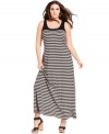 Look stunning in stripes with DKNYC's sleeveless plus size maxi dress-- it's so on-trend for the season!