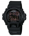 Life is tough. The G-Shock watch is tougher. This watch features a black resin strap and round case. Shock-resistant, digital display dial with world time, mud resistance, five multifunctional alarms, countdown timer, twin stopwatches, dual auto EL backlight with afterglow and 12/24-hour formats. Quartz movement. Water resistant to 200 meters. One-year warranty.