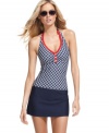 A rope print adds a chic nautical appeal to this Nautica halter tankini top for seafaring fun in the sun!