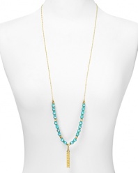 A perfect pop of color: delicate glass beads and gold plate add energy to this tassel necklace from Vanessa Mooney. It's the accessory we want bright now.
