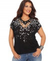 Pounce on a sassy look with Seven Jeans' short sleeve plus size top, highlighted by an animal-print and cutouts.