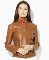 Lauren by Ralph Lauren's iconic motorcycle-inspired jacket gets a luxurious update in supple leather with perforated details.