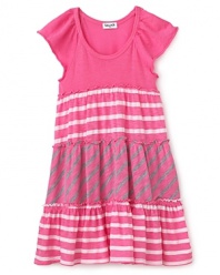 She'll look sweeter than candy in this contrast stripe dress, featuring bright color and tiered ruffle details.