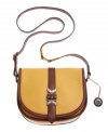 Supple two-tone leather, antiqued nickel hardware and a causal crossbody strap make this saddle bag silhouette from The Sak the ultimate accessory. Compact design with pockets aplenty keeps keys, wallet and makeup bag safely stowed without a worry.