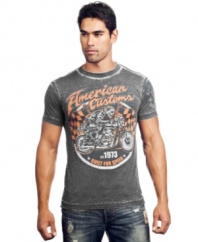 Take it to the races. This graphic tee from Affliction moves your casual wardrobe into the fast lane.