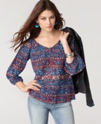 Channel a boho vibe with this easy top from Lucky Brand Jeans, featuring a batik-inspired floral print that's just so cool.