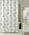 Let the spring whimsy of this shower curtain wash over you like an April shower. Butterflies and flowers dance along a white face in this pattern inspired by the dinnerware.