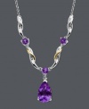 Make a bold statement with a bright wave of color. Startling round and pear-cut amethyst (3-1/4 ct. t.w.) accented with glittering diamond is surrounded by swirls of sterling silver and 14k gold. Approximate length: 14 inches. Approximate drop: 3/4 inch.