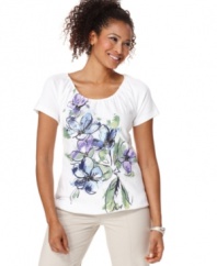 The cotton tee gets pumped up with printed floral graphic and bejeweled embellishment, from Karen Scott.