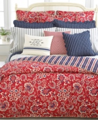 Lauren Ralph Lauren brings coastal countryside charm to your room with this Villa Martine duvet cover, featuring a dramatic red floral motif. Finished with jute trim. Reverses to striped pattern; mother of pearl button closure.