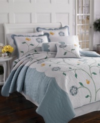 The Butterfly Meadow decorative pillow features a finely scalloped blue over white with a hint of metallic stitching. The perfect solution for breezy spring and summer nights, this decorative pillow adds lush comfort to the Butterfly Meadow quilt collection.