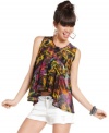 A burst of blazing colors makes this sheer, asymmetrical blouse from Material Girl a killer choice for every day style!