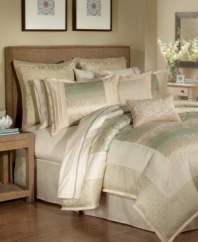 Utterly divine, this comprehensive Capri comforter set features a soothing colorway of muted tans and greens paired with an elegant scroll motif for a completely classic look. Coordinating elements feature perfect pleated details and shimmery gold & silver accents for pure enchantment.
