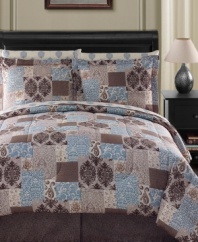 Patchwork perfect! This Montclair comforter set will catch your eye with its elaborate patchwork-style pattern, featuring a medallion and floral motif in different styles and colors. The comforter and shams reverse to an allover crackle pattern so you can mix-and-match for an eclectic or toned down appearance.