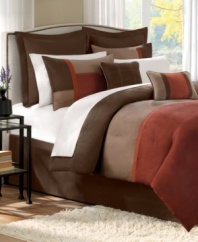 Color and texture take center stage in this Sundance comforter set, featuring rich, earthy hues of brown and red and a sumptuous microsuede finish for luxuriant texture. Shams and bedskirt come in coordinating hues while two decorative pillows bring in delicate patterns for a dash of extra style.