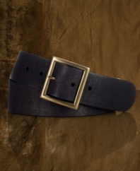 An antiqued trench buckle accents this worn and weathered leather belt for a vintage-inspired feel.