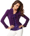 Romantic ruffles frame this cute cardigan from INC! Gathering at the shoulders gives it a sophisticated shape.