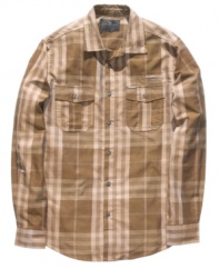 An over-sized light plaid seems to dissolve into deep blues, taking the typical plaid up a notch in this Charred Plaid long-sleeved shirt from Marc Ecko.