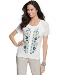 Floral embroidery lends a handcrafted touch to this top from JM Collection. Made from 100% crinkled cotton, it's a lightweight choice on hot days.
