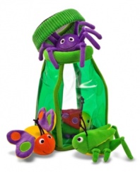 Four bug buddies in a jug with a mesh-top lid. These new multi-textured toys rattle, jingle, squeak and crinkle in little hands, and are made with ultra-soft materials! These clever activity toys help develop fine motor skills and hand/eye coordination, plus stimulate tactile senses in delightful ways! Multi-piece sets are self-storing and great for travel.  Ages 6 months+  8 x 12 x 6 boxed