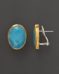 Bold turquoise button earrings in 24K yellow gold and sterling silver. From Gurhan.