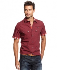 Feel the sting of summer heat? Chill out with the cool style of this short-sleeved shirt from Marc Ecko Cut & Sew.