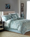 House of blues. An alluring flourish and floral design draws you in as this jacquard woven Aurora Blue comforter set outfits your space in traditional style with an enchanting twist. Soothing silvery embellishments on a light blue ground perfect the set with pure charm.