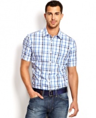 Shorten your seasonal look with this plaid woven shirt from Nautica.