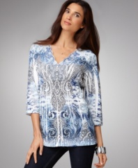 Intricate prints layer and loop around One World's tunic, while scalloped lace trim adds a for a romantic and totally unique look!
