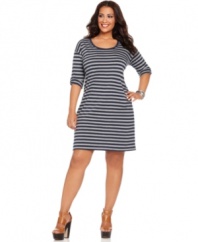 Look casually chic in DKNY Jeans' three-quarter sleeve plus size dress, featuring on-trend stripes.