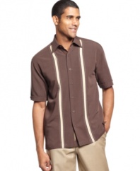 Button up in the easy, fluid feel of this vintage-infused panel shirt from Cubavera.