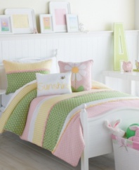 Sunny days are here again! Wake up your space with this Lazy Daisy comforter set, featuring a bright color palette with whimsical plaid, flower and polka dot designs. Ruffle embellishments finish the look with a playful touch.