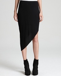 A pull-on HELMUT skirt with asymmetric hem if your new go-to look-elevated and edgy for fall, days and nights alike.