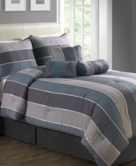 Sumptuous stripes. This jacquard woven Essex comforter set boasts bold stripes and luxuriant texture in sleek hues. Comes complete with coordinating shams, European shams and decorative pillows for a dramatic appeal. A solid bedskirt finishes this timeless look.