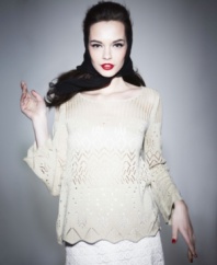 An allover open-stitch pointelle knit lends an airy, delicate appeal to this Alberta Ferretti for Impulse sweater -- a perfect spring layering piece!