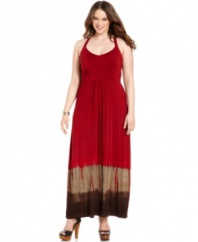 Score far-out style with American Rag's halter plus size maxi dress, punctuated by a tie-dye hem.
