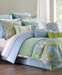 This decorative pillow offers an embroidered design in lime green that creates a luminous accent to the Sardinia bedding collection from Echo.