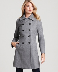 Ribbed knit neckline detail lends texture and ease to this DKNY coat--a modern twist on the perennial, double-breasted silhouette.