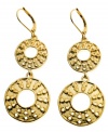 Trendy and textured. T Tahari's cut-out circle drop earrings feature a unique textured surface with a small, cut-out circular pattern. Crafted in antique gold tone mixed metal. Base metal is nickel-free for sensitive skin. Approximate drop: 2-1/2 inches.