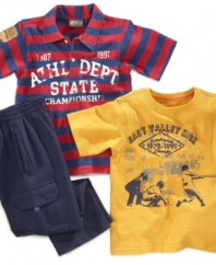 Hit it out of the park! He'll be your biggest fan when he wears any of the pieces from this sports inspired tee shirt, polo shirt and cargo pant set from Nannette.