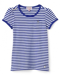 Bold nautical stripes add pizazz to her everyday jeans-and-tee look.