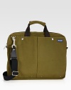 Inspired by a vintage pilot's bag, this brief has two exterior patch pockets that can both fit tablet computers. Interior functionality includes key fob, laptop sleeve, zip pocket and pen pockets.Zip closureDouble top handlesAdjustable, removable shoulder strapExterior patch, interior zip pocketsNylon16W x 12H x 2DImported