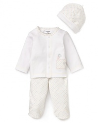 Embroidered with a droll giraffe, this cozy cardigan, bodysuit and pant usher your newborn into the world in comfort and style.