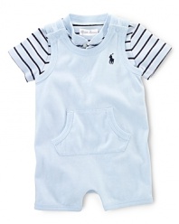 An adorable set features an essential striped bodysuit and a solid shortall that are jersey-knit from super-soft cotton for a smooth, comfortable feel.