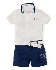 A ruggedly handsome set pairs a preppy cotton polo with a surplus-inspired cargo short for a versatile, laid-back look.