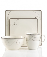 Fluid platinum scrolls glide freely through this stunning and, in a new square shape, sleek Platinum Wave place settings from Noritake. A timeless look in dishwasher-safe porcelain for fine dining or luxurious everyday meals. Coordinates with Platinum Wave and Eternal Wave stemware.